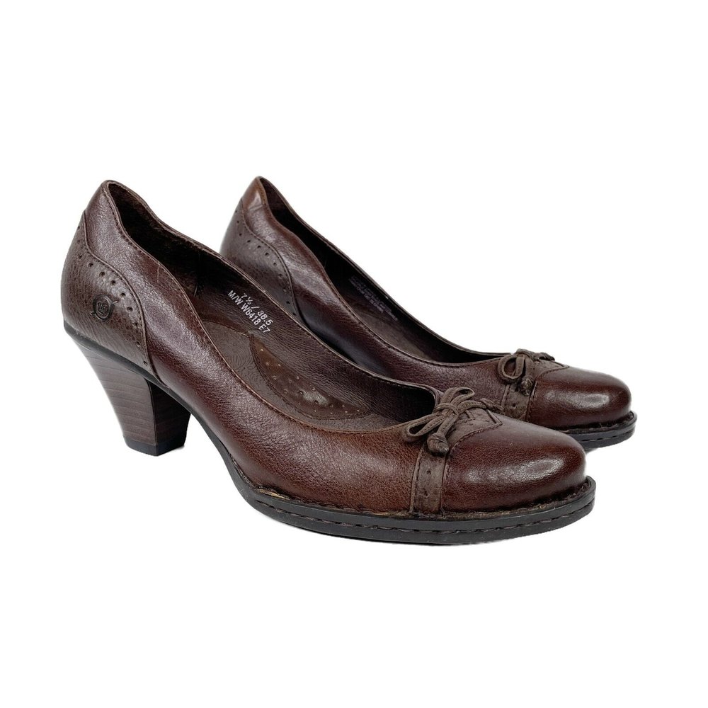 Born Pumps Size 7.5 38.5 Dark Brown Leather Bow Wing Tip Stacked Heels